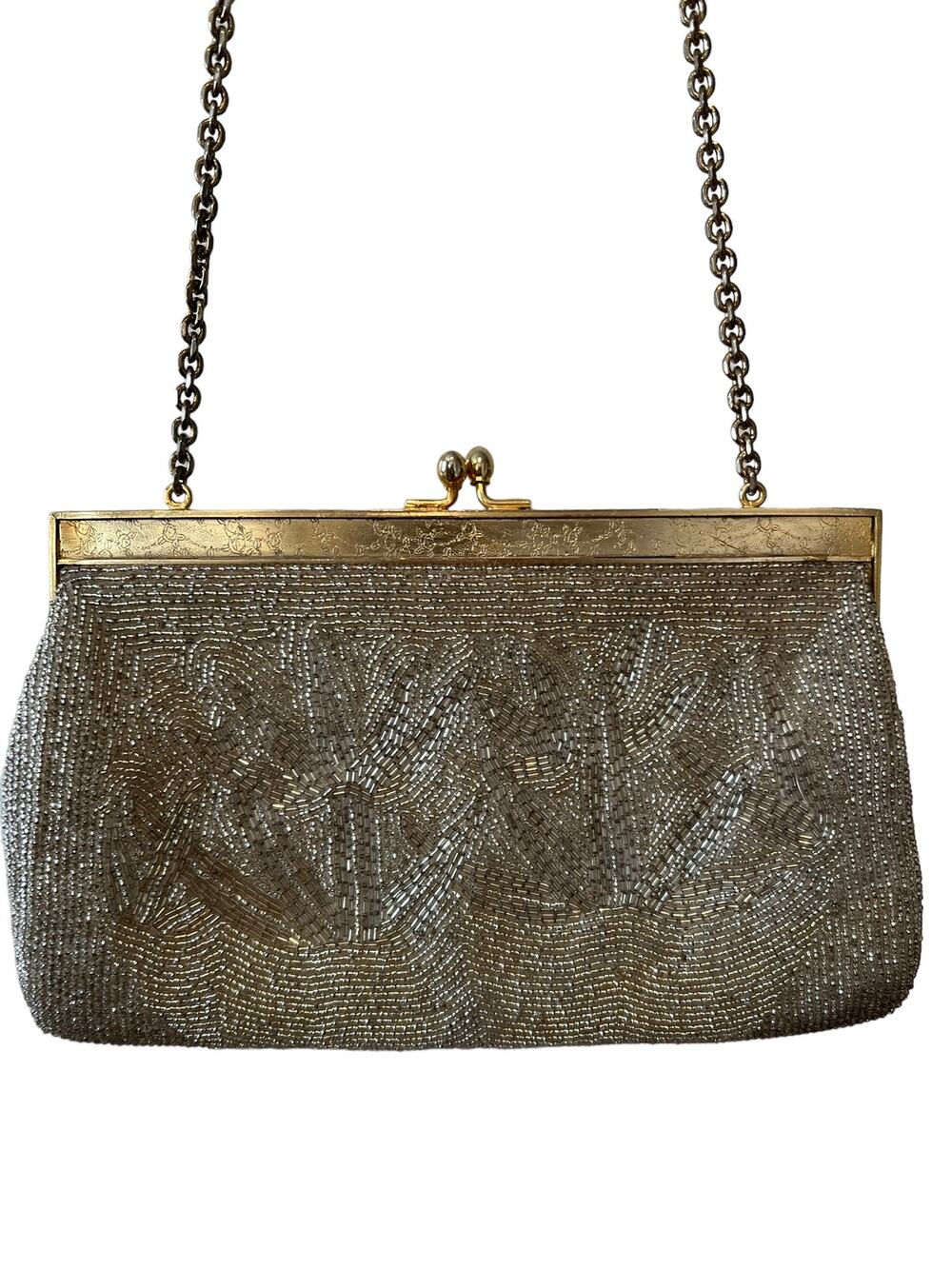 Vintage Champagne Silver Beaded Evening Bag